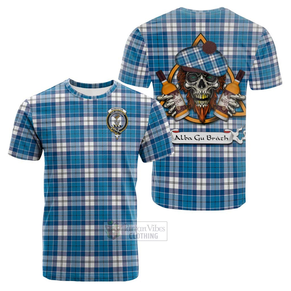 Tartan Vibes Clothing Roberton Tartan Cotton T-shirt with Family Crest and Bearded Skull Holding Bottles of Whiskey