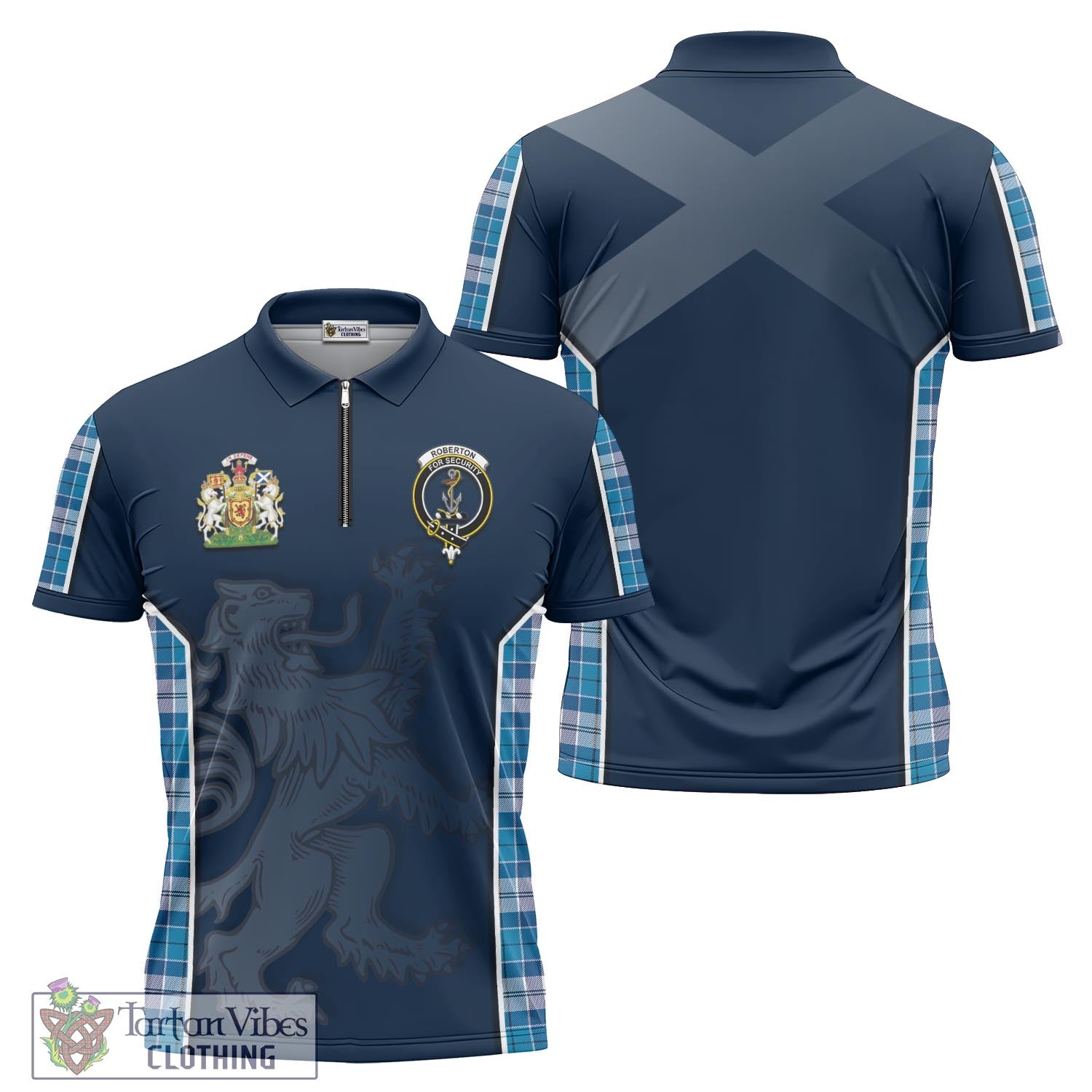 Tartan Vibes Clothing Roberton Tartan Zipper Polo Shirt with Family Crest and Lion Rampant Vibes Sport Style