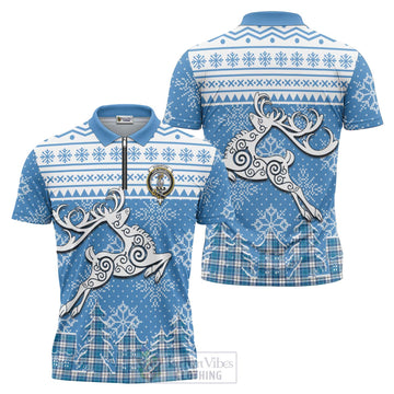 Roberton Clan Christmas Zipper Polo Shirt Celtic Reindeer Style Unisex - Tartan Vibes Clothing