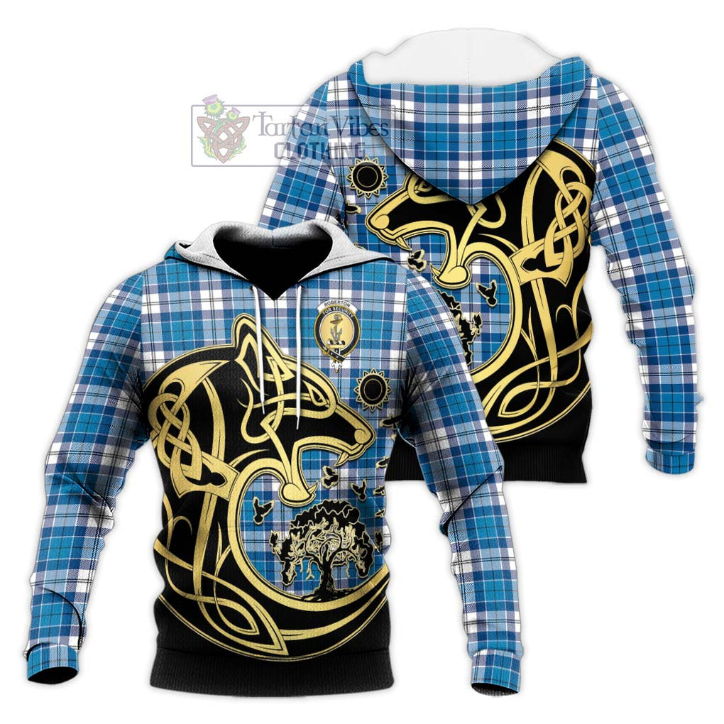 Roberton Tartan Knitted Hoodie with Family Crest Celtic Wolf Style Unisex Knitted Pullover Hoodie - Tartan Vibes Clothing