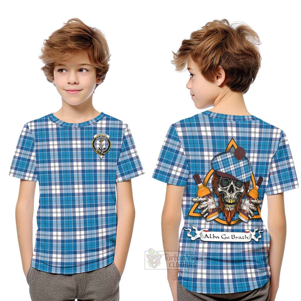 Tartan Vibes Clothing Roberton Tartan Kid T-Shirt with Family Crest and Bearded Skull Holding Bottles of Whiskey