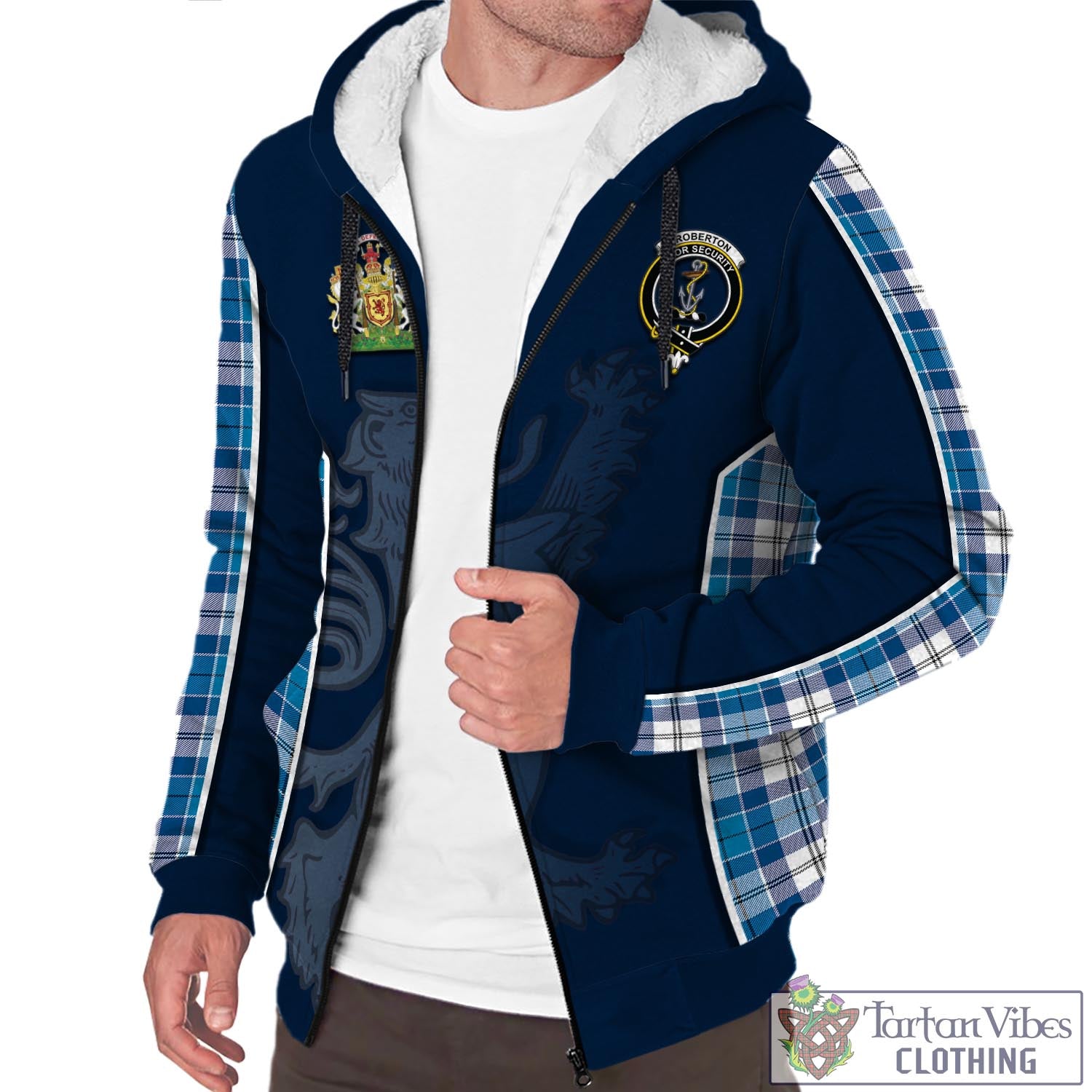 Tartan Vibes Clothing Roberton Tartan Sherpa Hoodie with Family Crest and Lion Rampant Vibes Sport Style