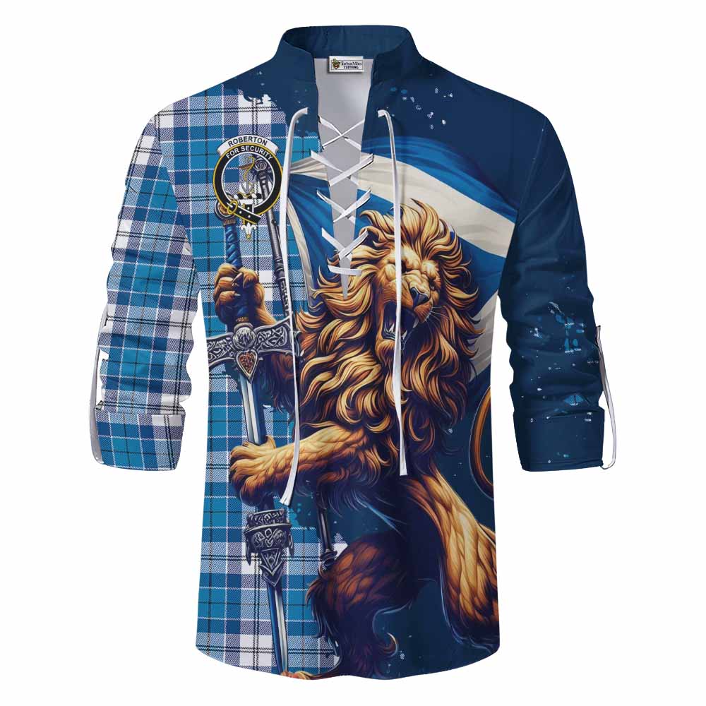 Tartan Vibes Clothing Roberton Tartan Family Crest Ghillie Kilt Shirt with Scottish Majestic Lion