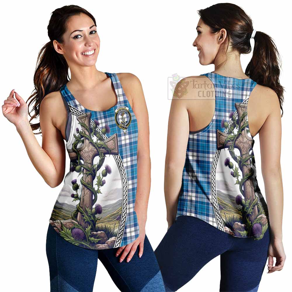 Tartan Vibes Clothing Roberton Tartan Women's Racerback Tanks with Family Crest and St. Andrew's Cross Accented by Thistle Vines