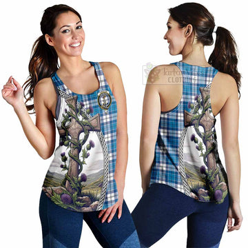 Roberton Tartan Women's Racerback Tanks with Family Crest and St. Andrew's Cross Accented by Thistle Vines