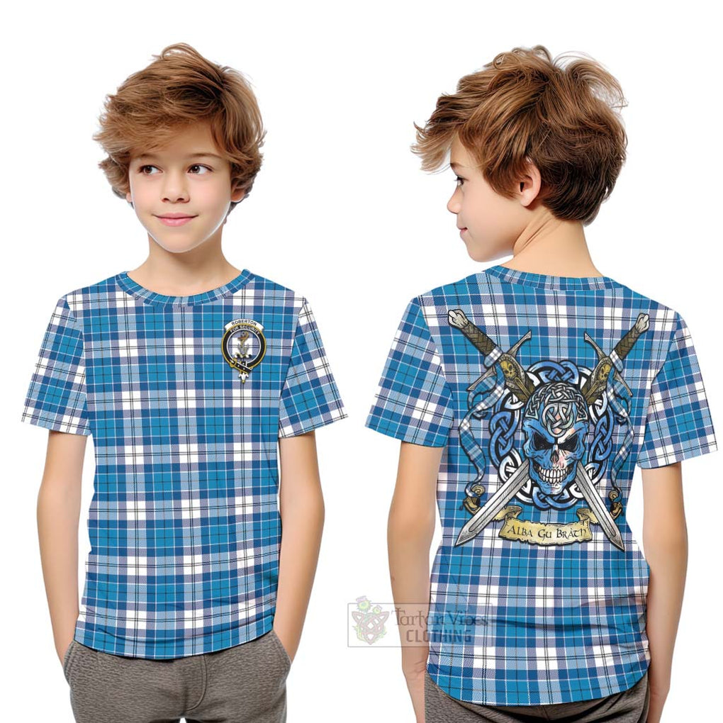 Tartan Vibes Clothing Roberton Tartan Kid T-Shirt with Family Crest Celtic Skull Style