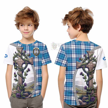 Roberton Tartan Kid T-Shirt with Family Crest and St. Andrew's Cross Accented by Thistle Vines