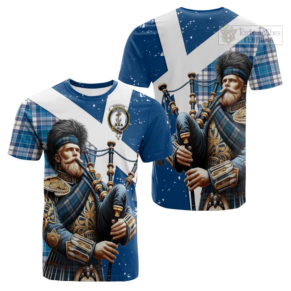 Tartan Vibes Clothing Roberton Tartan Cotton T-shirt with Family Crest Scottish Bagpiper Vibes