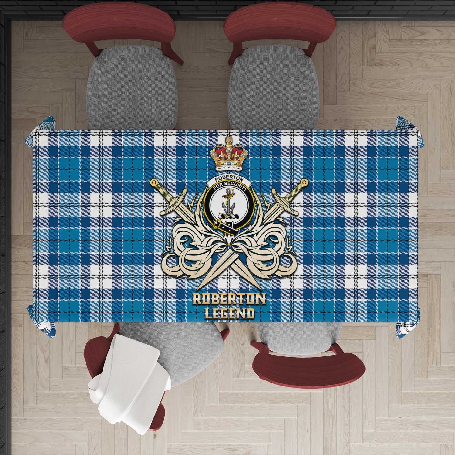 Tartan Vibes Clothing Roberton Tartan Tablecloth with Clan Crest and the Golden Sword of Courageous Legacy