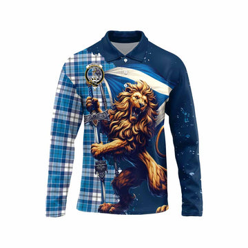 Roberton Tartan Family Crest Long Sleeve Polo Shirt with Scottish Majestic Lion