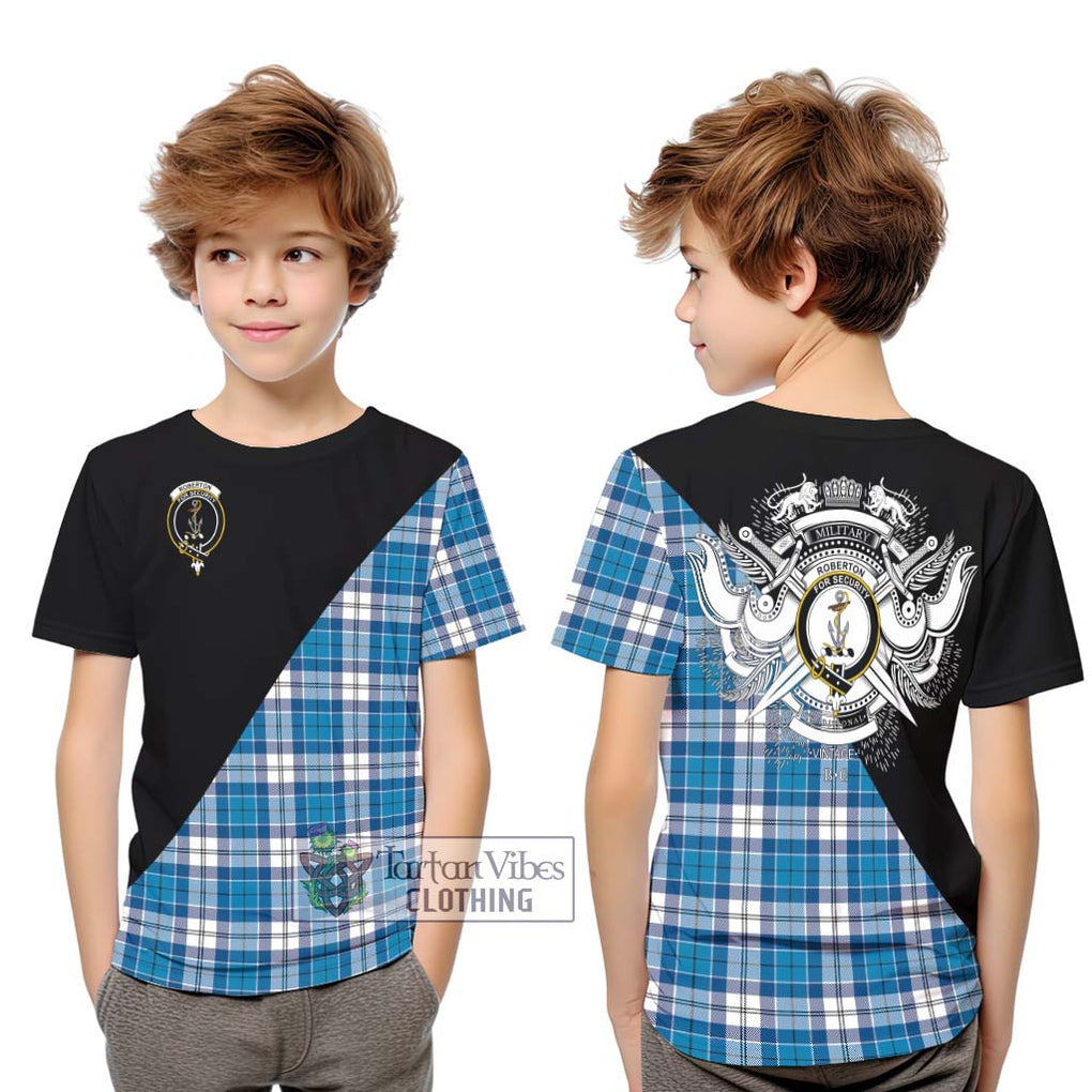 Roberton Tartan Kid T-Shirt with Family Crest and Military Logo Style Youth XL Size14 - Tartanvibesclothing Shop