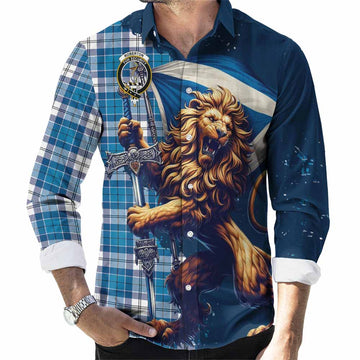 Roberton Tartan Family Crest Long Sleeve Button Shirt with Scottish Majestic Lion