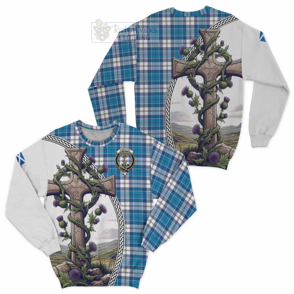 Tartan Vibes Clothing Roberton Tartan Sweatshirt with Family Crest and St. Andrew's Cross Accented by Thistle Vines