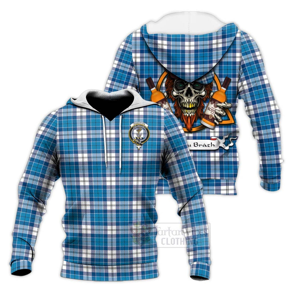 Tartan Vibes Clothing Roberton Tartan Knitted Hoodie with Family Crest and Bearded Skull Holding Bottles of Whiskey