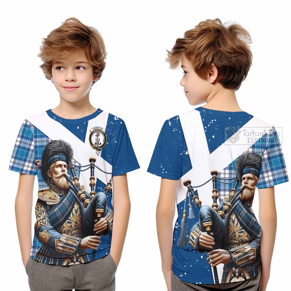 Tartan Vibes Clothing Roberton Tartan Kid T-Shirt with Family Crest Scottish Bagpiper Vibes