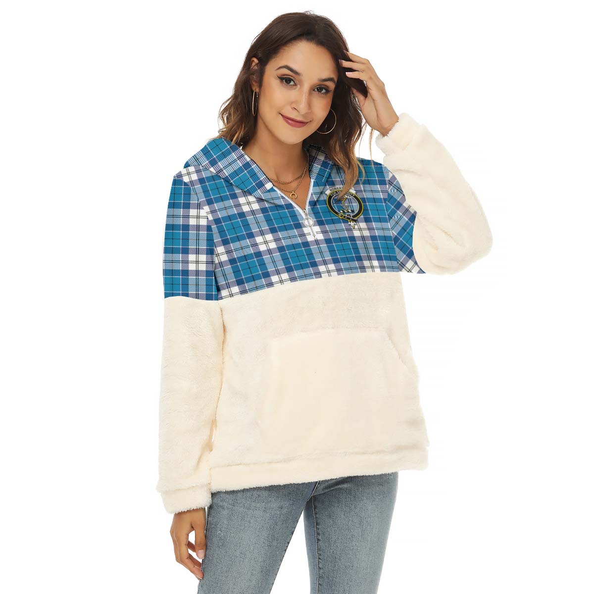 Roberton Tartan Women's Borg Fleece Hoodie With Half Zip with Family Crest Female - Tartan Vibes Clothing