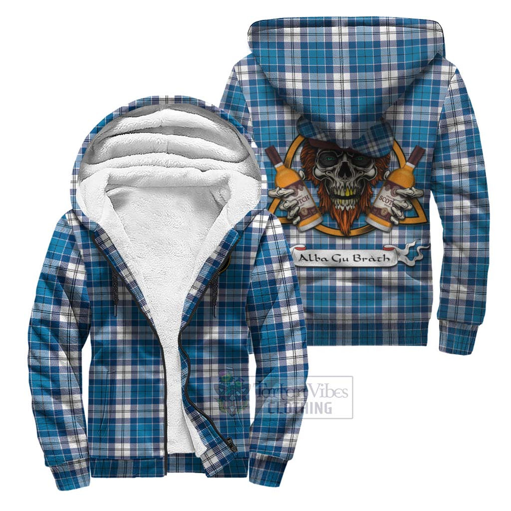 Tartan Vibes Clothing Roberton Tartan Sherpa Hoodie with Family Crest and Bearded Skull Holding Bottles of Whiskey