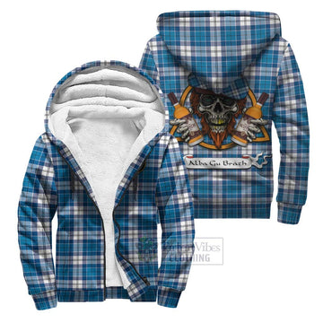 Roberton Tartan Sherpa Hoodie with Family Crest and Bearded Skull Holding Bottles of Whiskey