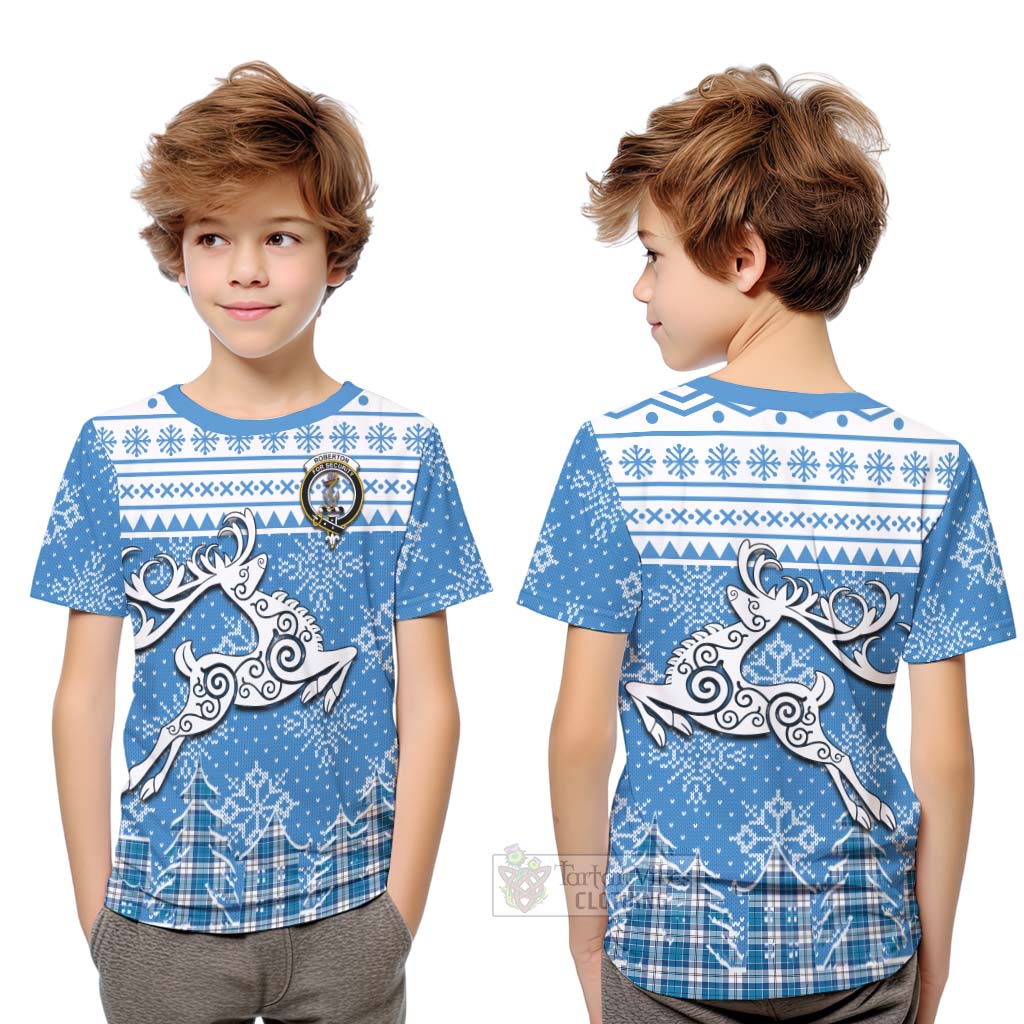 Tartan Vibes Clothing Roberton Clan Christmas Kid T-Shirt Celtic Reindeer Style