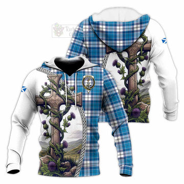 Roberton Tartan Knitted Hoodie with Family Crest and St. Andrew's Cross Accented by Thistle Vines