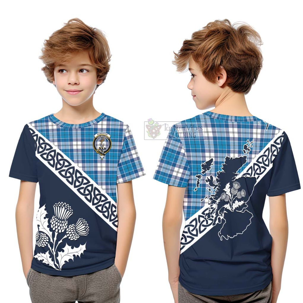 Tartan Vibes Clothing Roberton Tartan Kid T-Shirt Featuring Thistle and Scotland Map