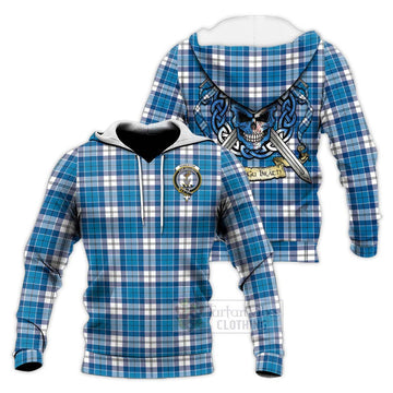 Roberton Tartan Knitted Hoodie with Family Crest Celtic Skull Style