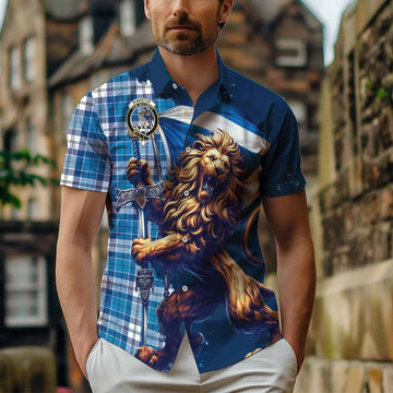 Roberton Tartan Family Crest Short Sleeve Button Shirt with Scottish Majestic Lion