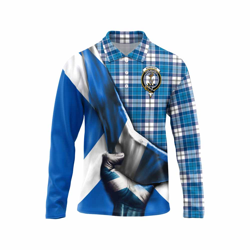 Tartan Vibes Clothing Roberton Tartan Long Sleeve Polo Shirt with Family Crest Scotland Patriotic Style