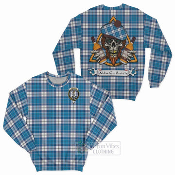 Roberton Tartan Sweatshirt with Family Crest and Bearded Skull Holding Bottles of Whiskey