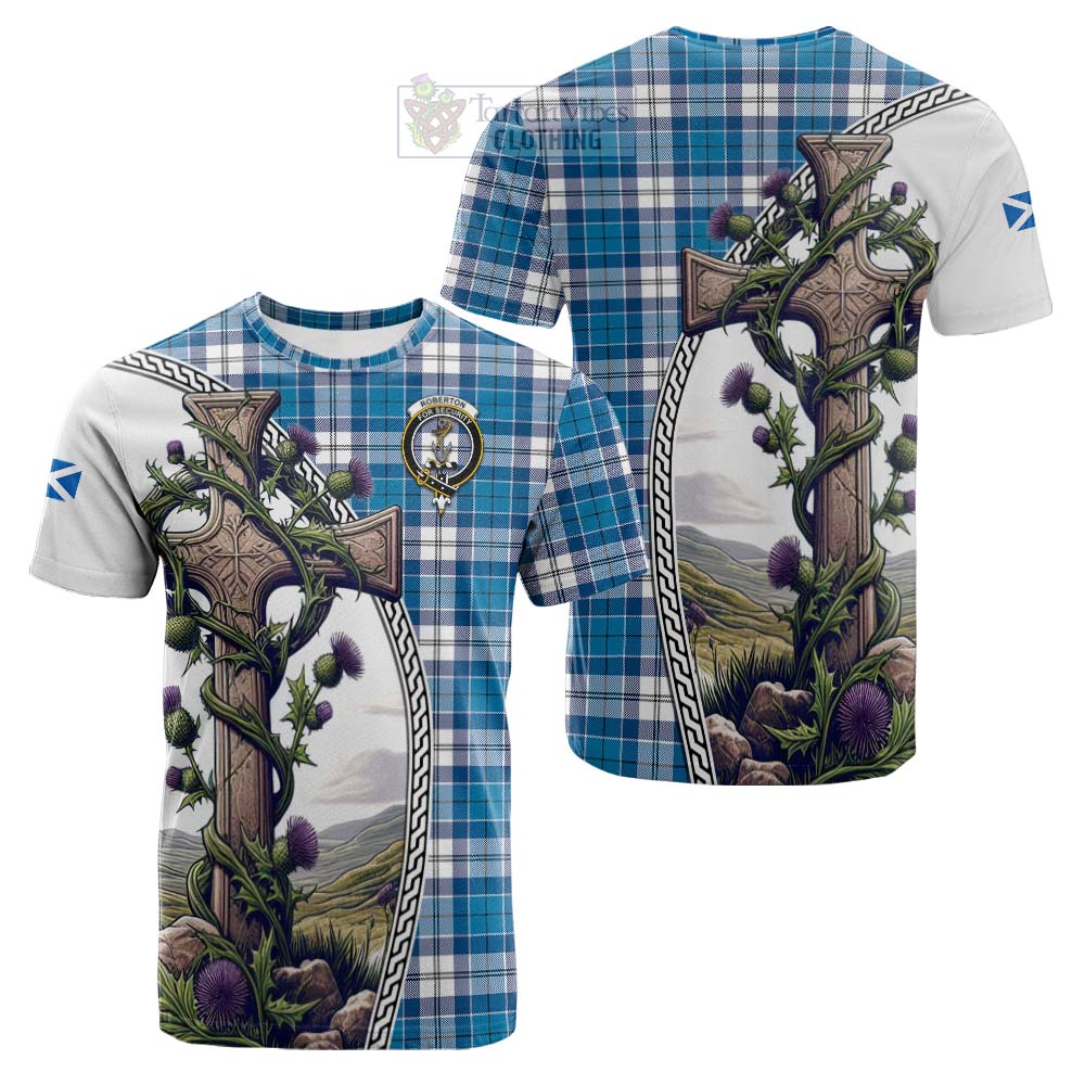 Tartan Vibes Clothing Roberton Tartan Cotton T-shirt with Family Crest and St. Andrew's Cross Accented by Thistle Vines