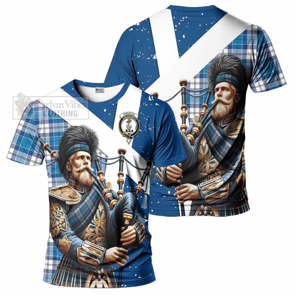 Tartan Vibes Clothing Roberton Tartan T-Shirt with Family Crest Scottish Bagpiper Vibes