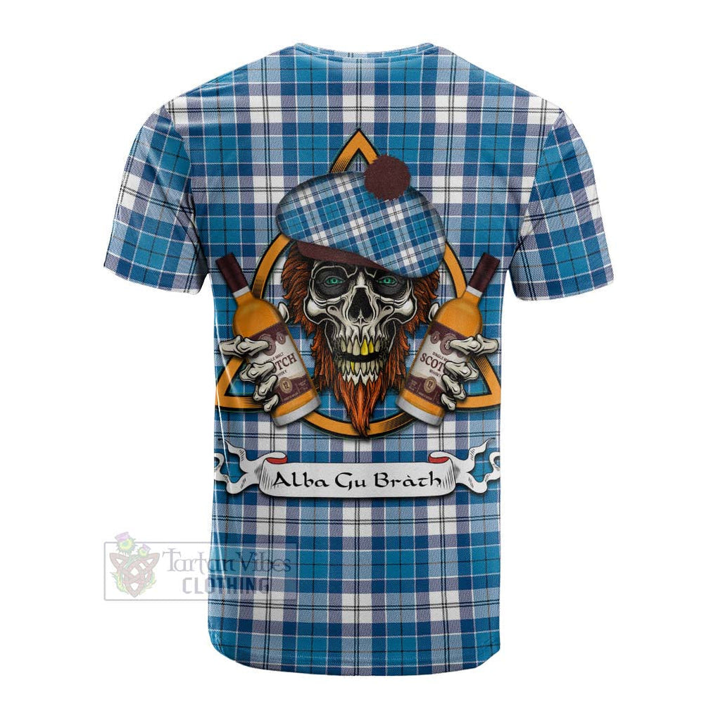 Tartan Vibes Clothing Roberton Tartan Cotton T-shirt with Family Crest and Bearded Skull Holding Bottles of Whiskey