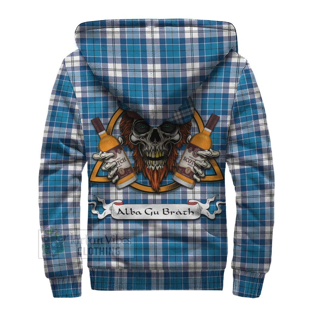 Tartan Vibes Clothing Roberton Tartan Sherpa Hoodie with Family Crest and Bearded Skull Holding Bottles of Whiskey