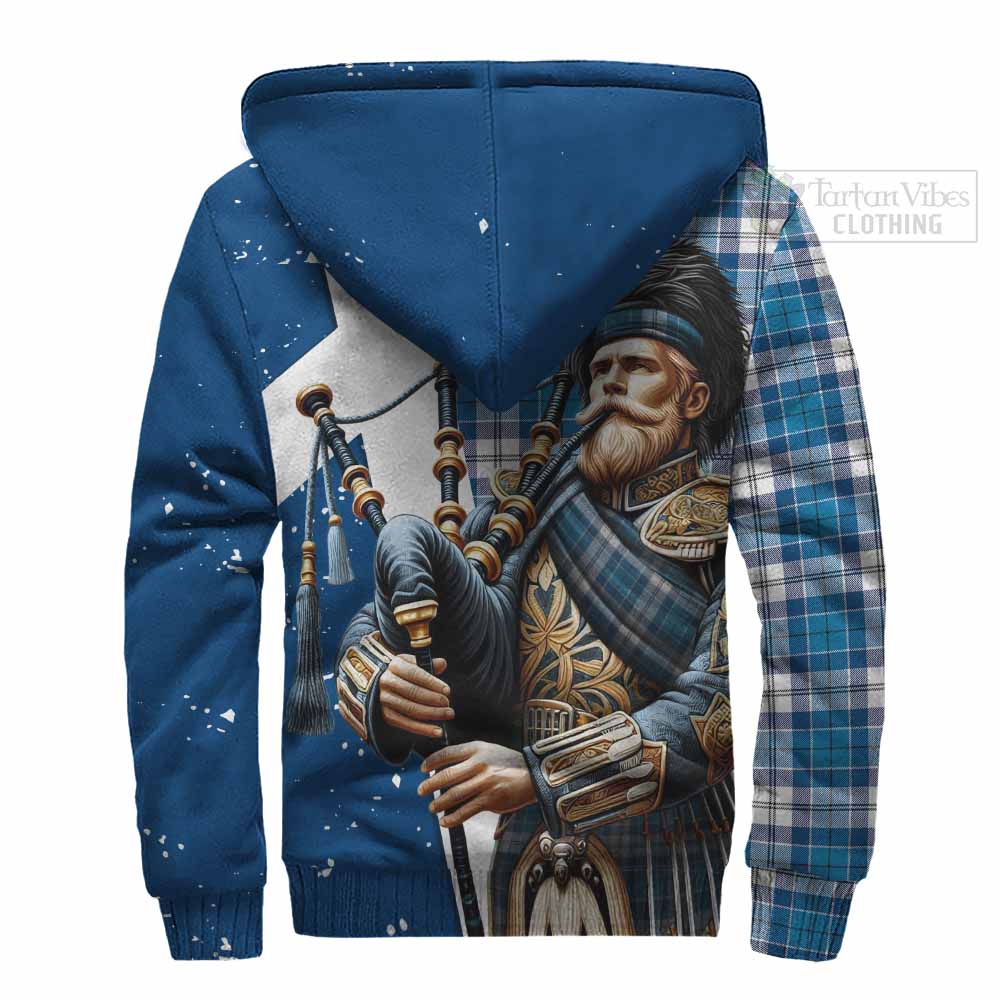 Tartan Vibes Clothing Roberton Tartan Sherpa Hoodie with Family Crest Scottish Bagpiper Vibes