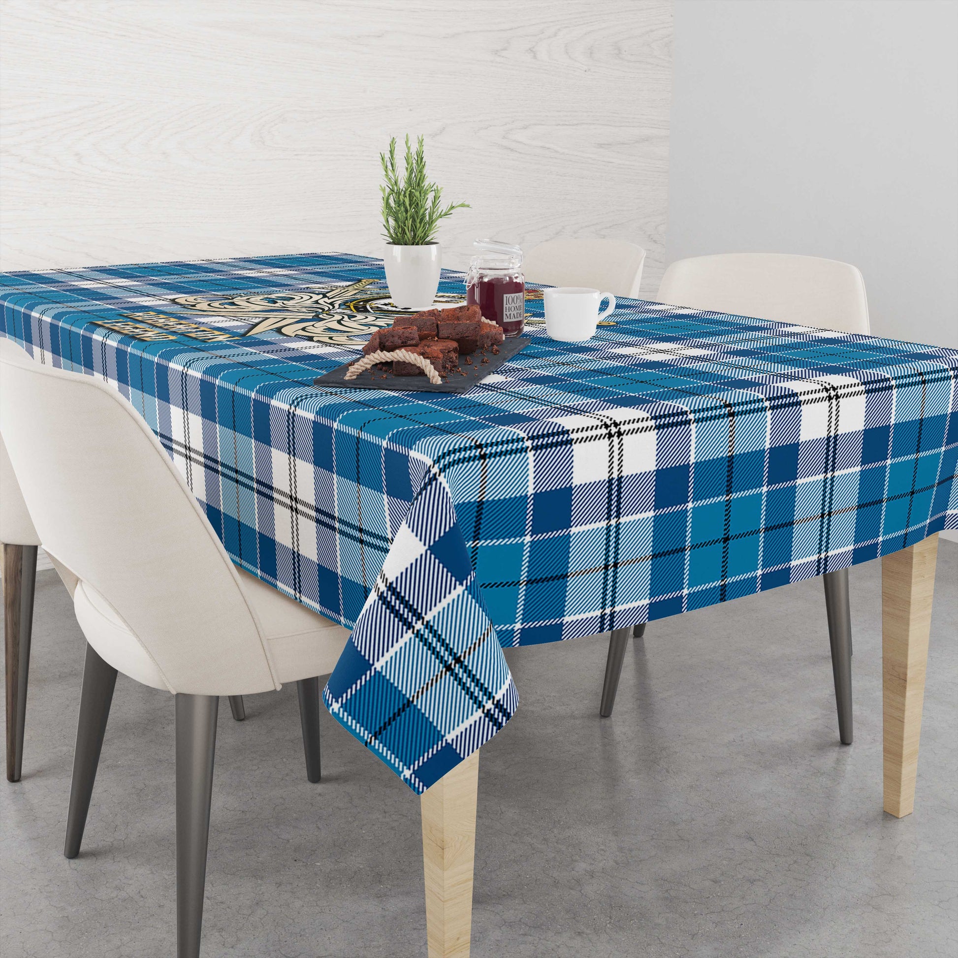 Tartan Vibes Clothing Roberton Tartan Tablecloth with Clan Crest and the Golden Sword of Courageous Legacy