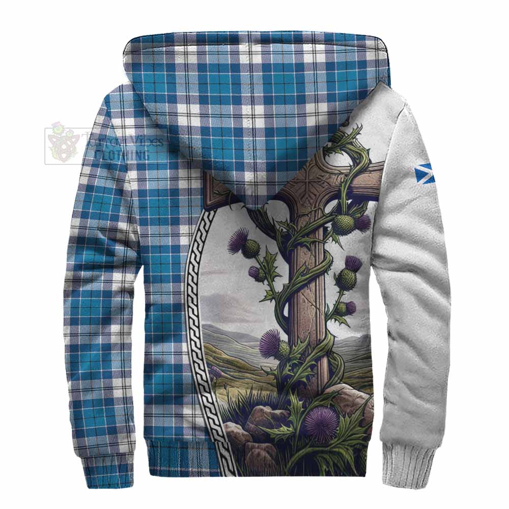 Tartan Vibes Clothing Roberton Tartan Sherpa Hoodie with Family Crest and St. Andrew's Cross Accented by Thistle Vines