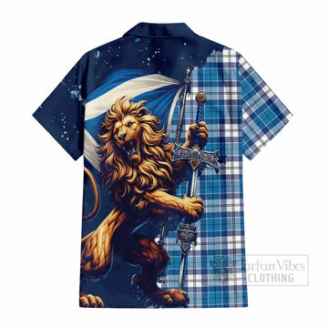 Roberton Tartan Family Crest Short Sleeve Button Shirt with Scottish Majestic Lion