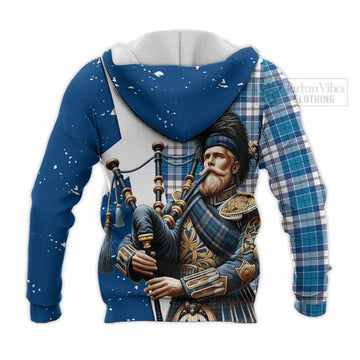 Roberton Tartan Knitted Hoodie with Family Crest Scottish Bagpiper Vibes