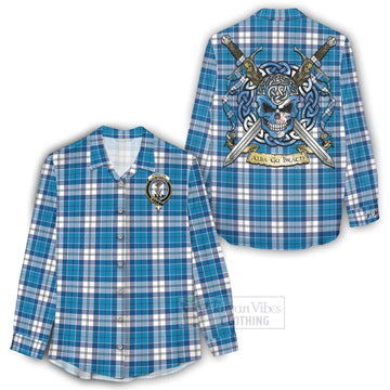 Roberton Tartan Women's Casual Shirt with Family Crest Celtic Skull Style - Tartan Vibes Clothing