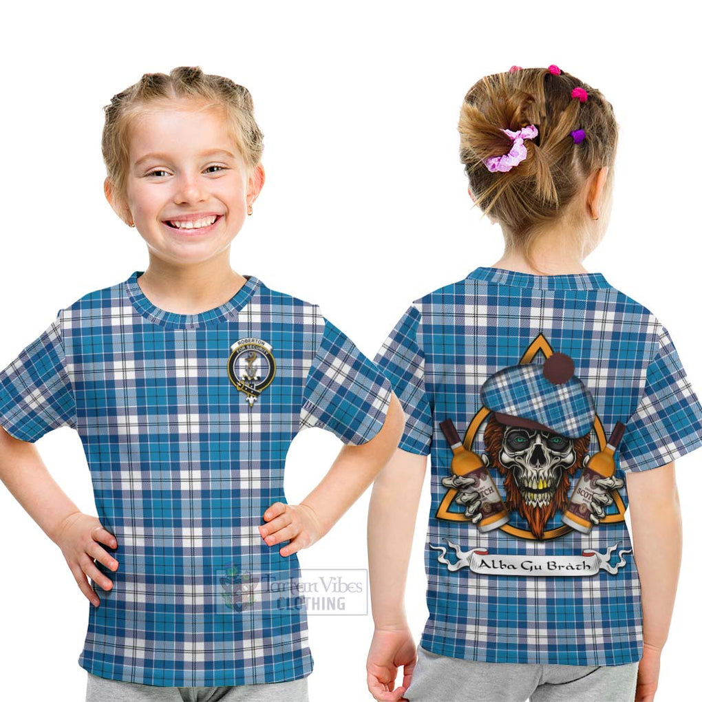 Tartan Vibes Clothing Roberton Tartan Kid T-Shirt with Family Crest and Bearded Skull Holding Bottles of Whiskey