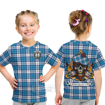 Roberton Tartan Kid T-Shirt with Family Crest and Bearded Skull Holding Bottles of Whiskey