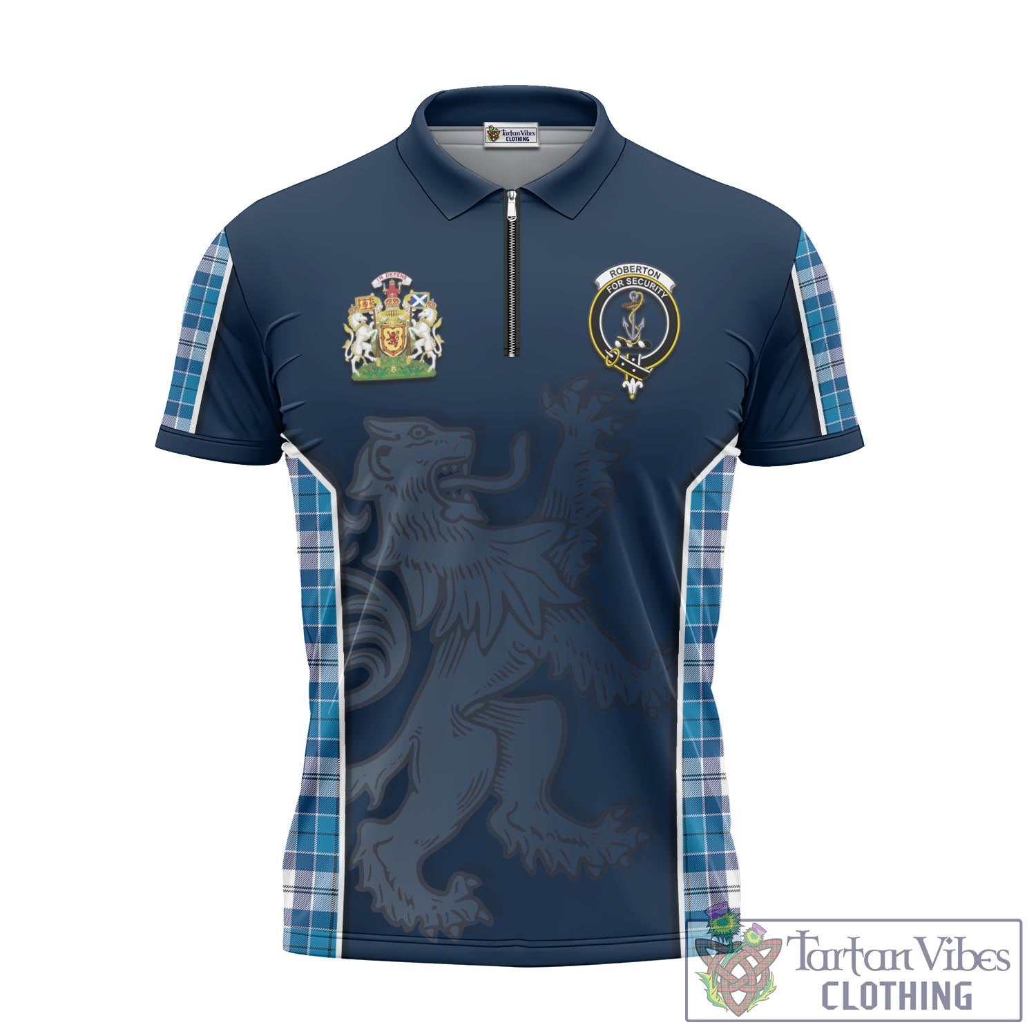 Tartan Vibes Clothing Roberton Tartan Zipper Polo Shirt with Family Crest and Lion Rampant Vibes Sport Style