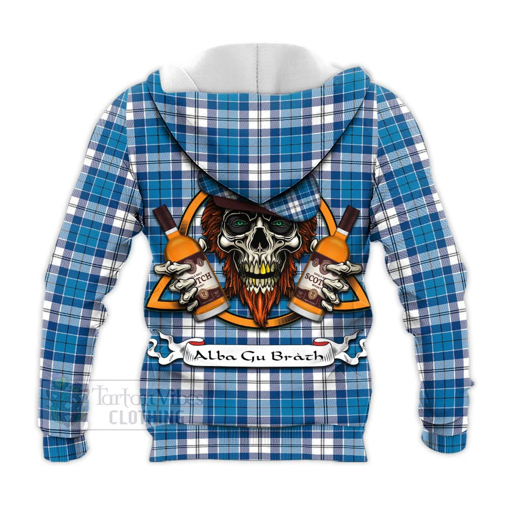 Tartan Vibes Clothing Roberton Tartan Knitted Hoodie with Family Crest and Bearded Skull Holding Bottles of Whiskey