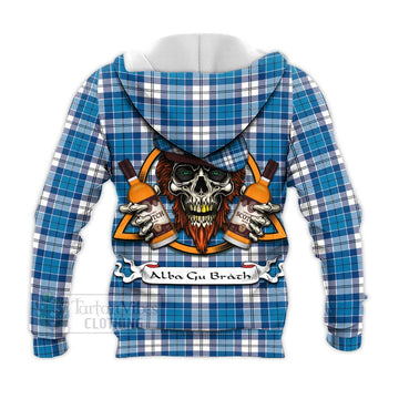 Roberton Tartan Knitted Hoodie with Family Crest and Bearded Skull Holding Bottles of Whiskey