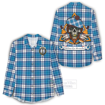 Roberton Tartan Women's Casual Shirt with Family Crest and Bearded Skull Holding Bottles of Whiskey - Tartan Vibes Clothing