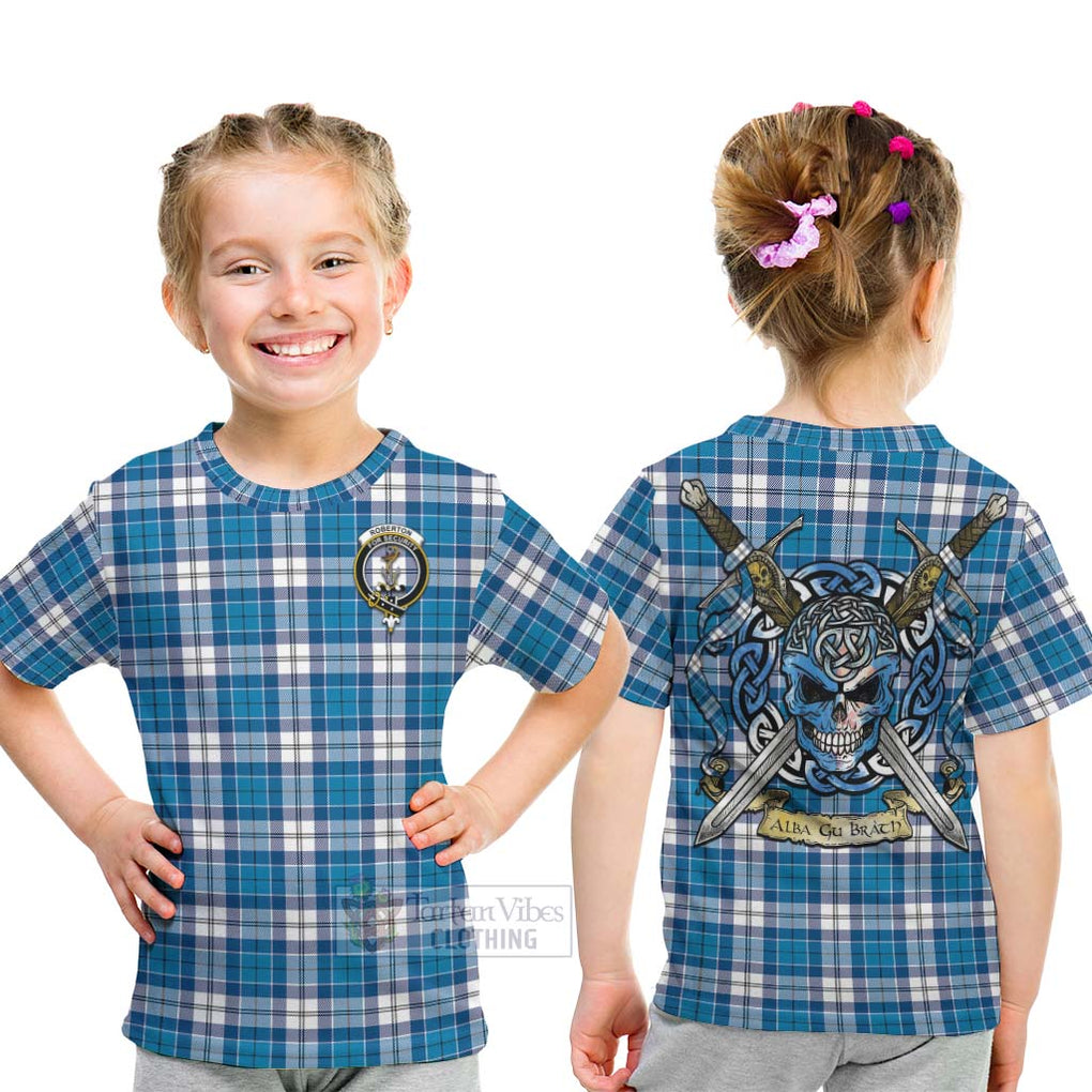 Tartan Vibes Clothing Roberton Tartan Kid T-Shirt with Family Crest Celtic Skull Style