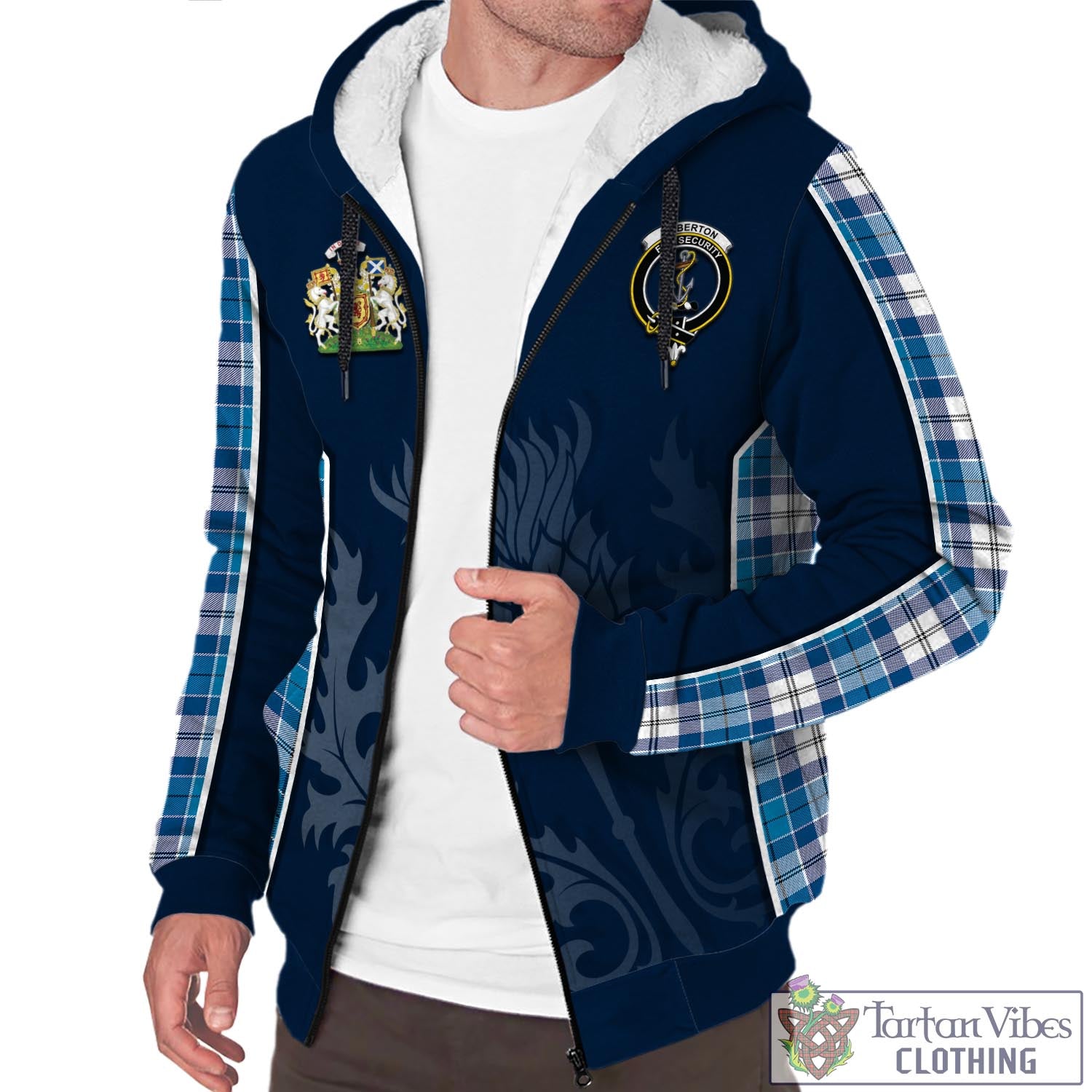 Tartan Vibes Clothing Roberton Tartan Sherpa Hoodie with Family Crest and Scottish Thistle Vibes Sport Style