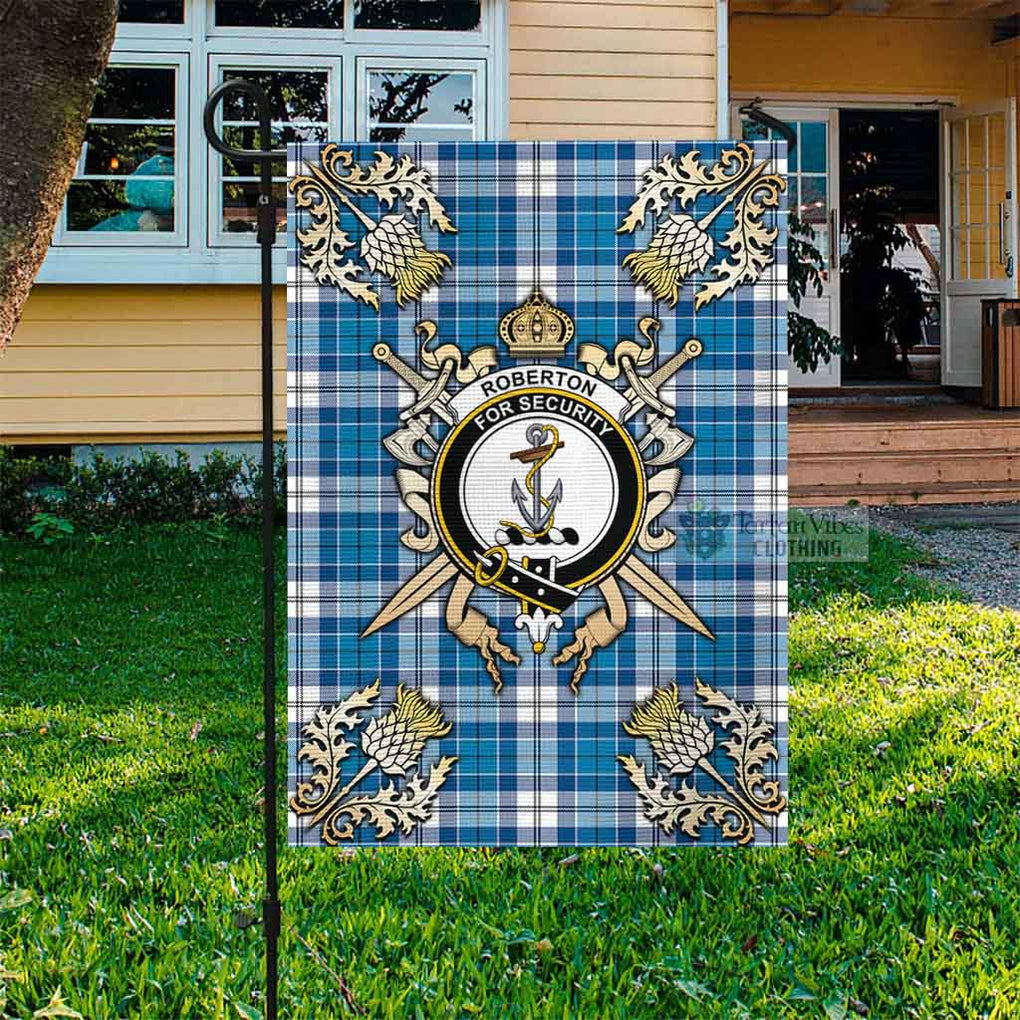 Tartan Vibes Clothing Roberton Tartan Flag with Family Crest and Golden Thistle Crossed Sword Design