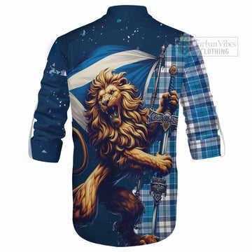 Roberton Tartan Family Crest Ghillie Kilt Shirt with Scottish Majestic Lion