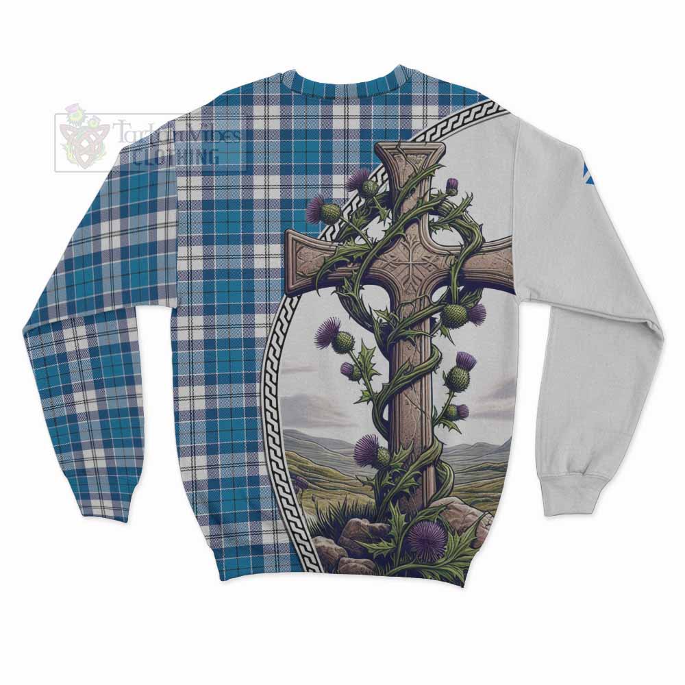 Tartan Vibes Clothing Roberton Tartan Sweatshirt with Family Crest and St. Andrew's Cross Accented by Thistle Vines